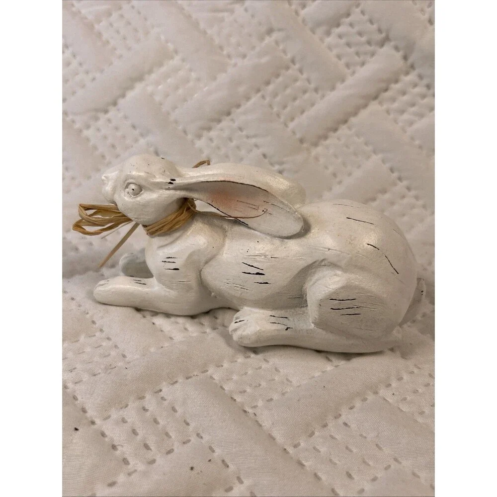 Resting Bunny Rabbit Easter Decor Statue Faux Wood Look Resin Farmhouse Country